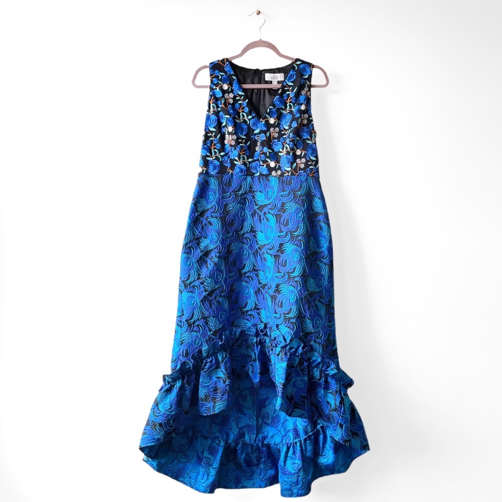 Belle Badgley Mischka ‘Sandrine’ Blue Floral Embroidered High-low Sheath Dress